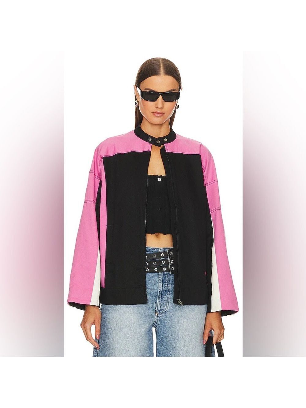 Lovers + Friends Julia Bomber Jacket in Black & Pink - Size Medium